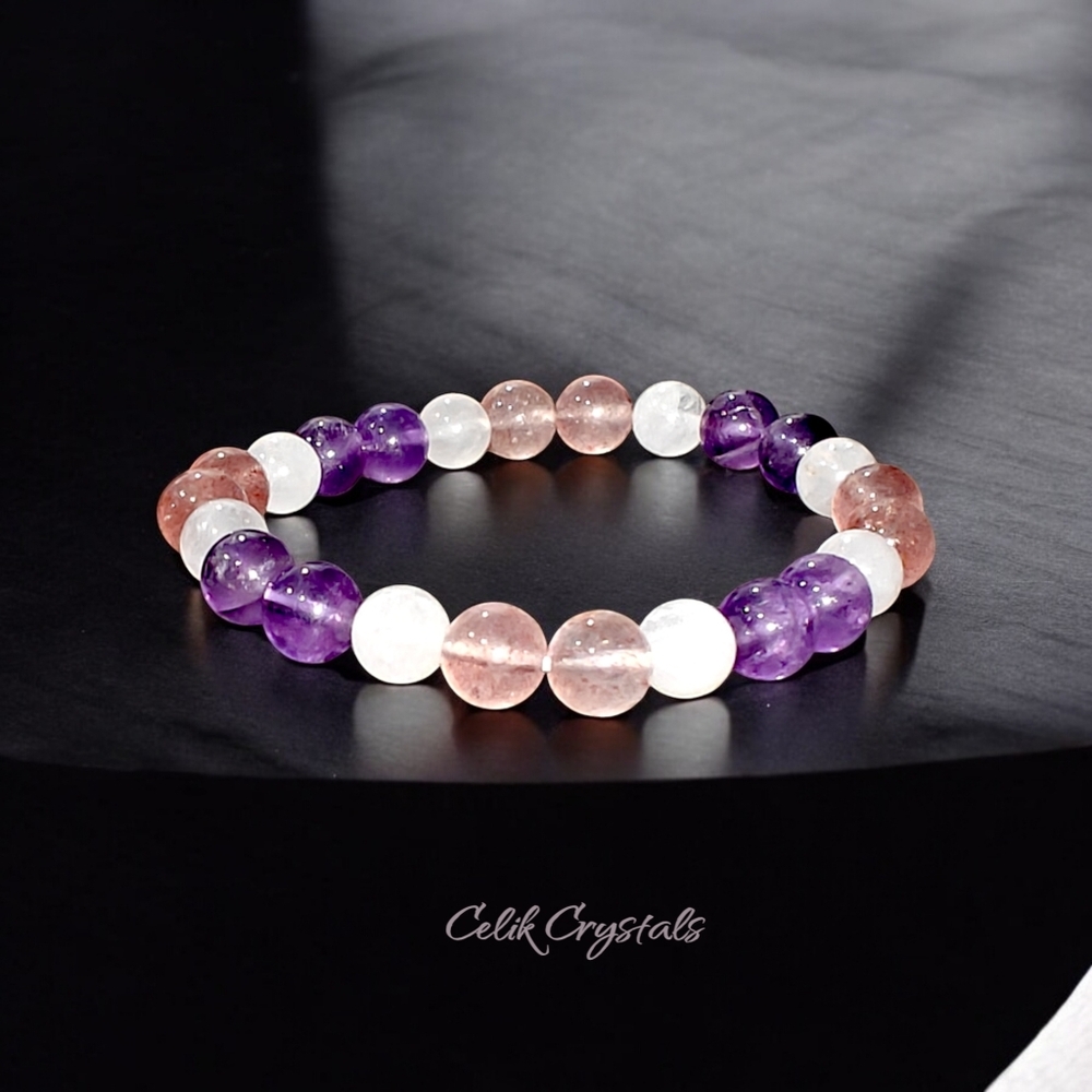 Amethyst, Strawberry Quartz, White Quartz Bracelet Natural Stones 8mm Stretches